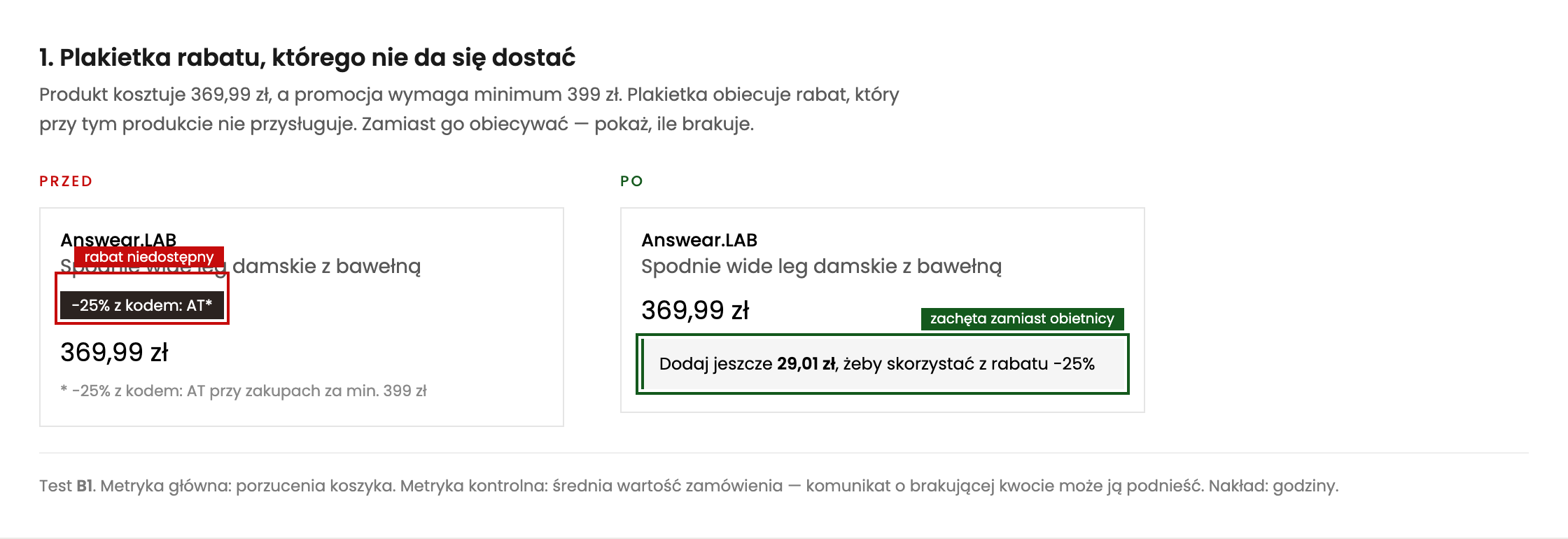 Porównanie karty produktu: obecnie plakietka obiecuje rabat od 399 zł przy produkcie za 369,99 zł, obok propozycja z komunikatem ile brakuje do rabatu