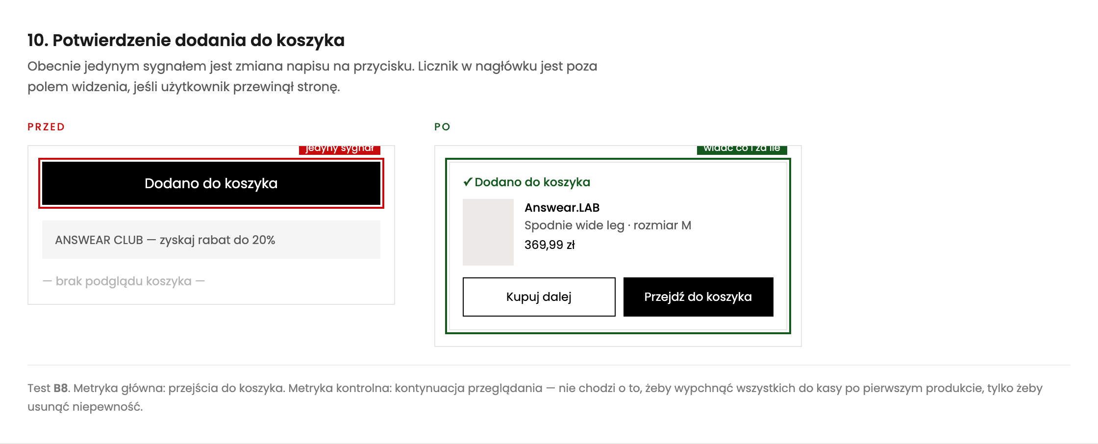 Porównanie potwierdzenia dodania do koszyka: obecnie sama zmiana napisu na przycisku, obok komunikat z miniaturą, ceną i dwoma wyjściami