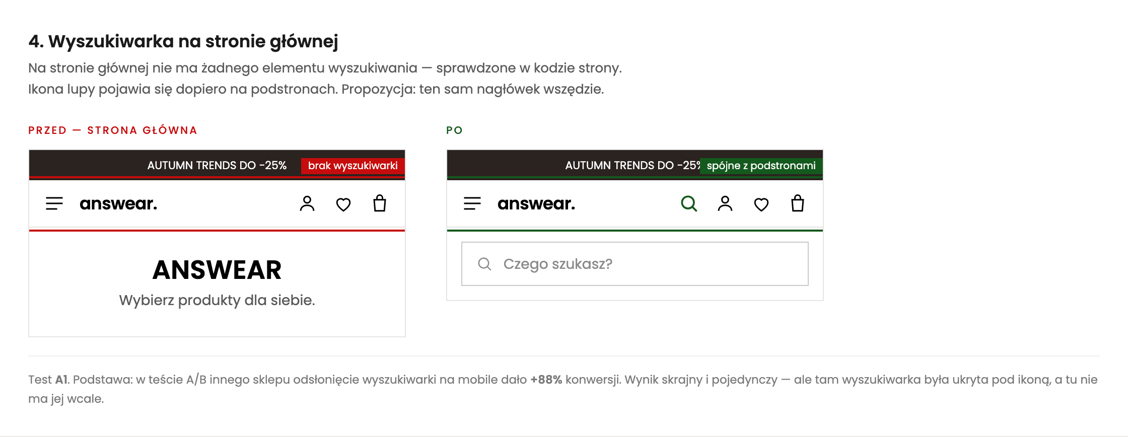 Porównanie nagłówka strony głównej: obecnie bez wyszukiwarki, obok propozycja z ikoną lupy i polem wyszukiwania